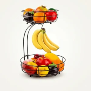 2-Tier Countertop Fruit and Vegetable Basket with Banana Hanger, Iron Storage Bowl, Black